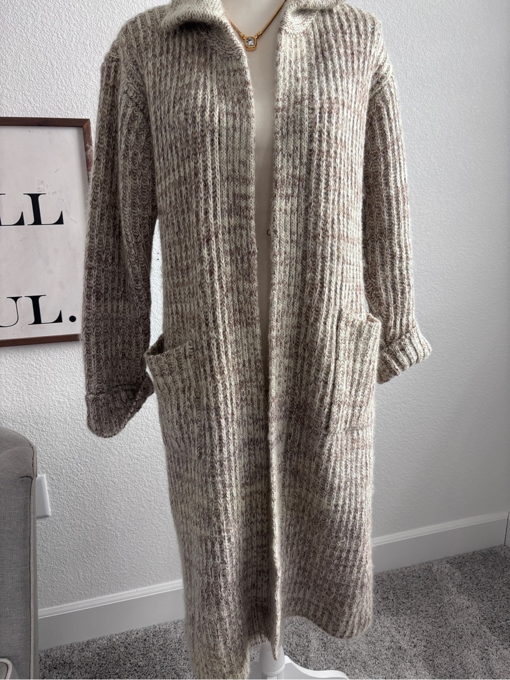 Braefair Vintage Cream and Taupe Ribbed Long Trench Coat
